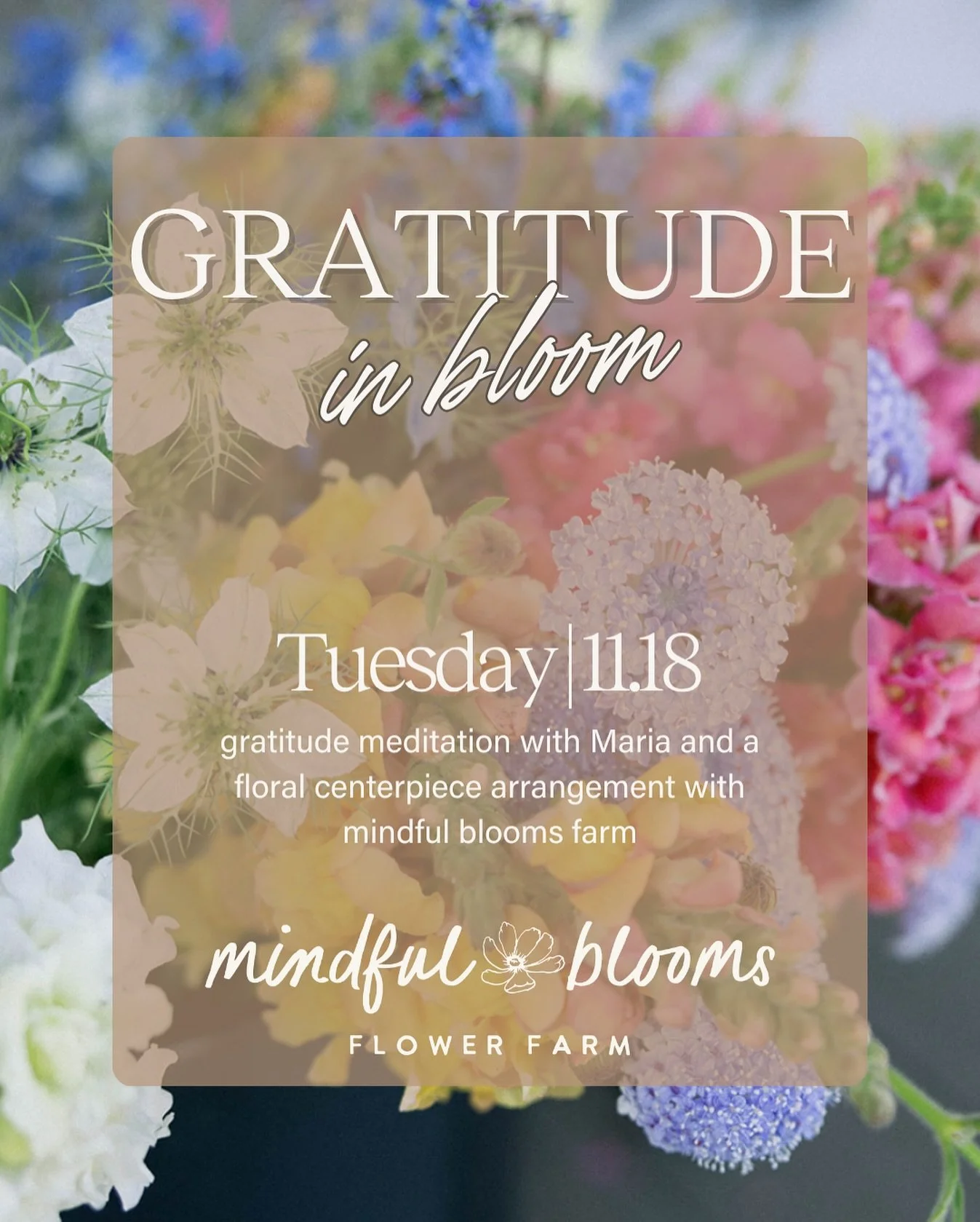 Gratitude in Bloom 🌸 Tuesday November 18th 7:00-8:30pm

Give thanks in a whole new way this season. Join us for a nourishing meditation on gratitude led by The Wellness Space, followed by a hands-on floral experience with Sophie from Mindful Blooms 