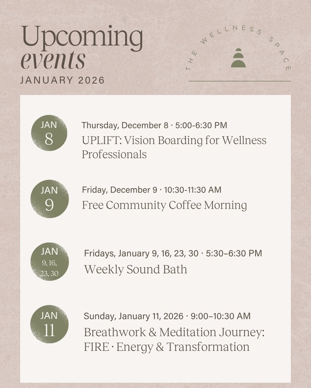 A new year doesn&rsquo;t need a new you just more space to take care of the you that already exists 🤍

Our January lineup at The Wellness Space weaves together meditation, sound healing, yoga, prenatal support, professional gatherings, and thoughtfu