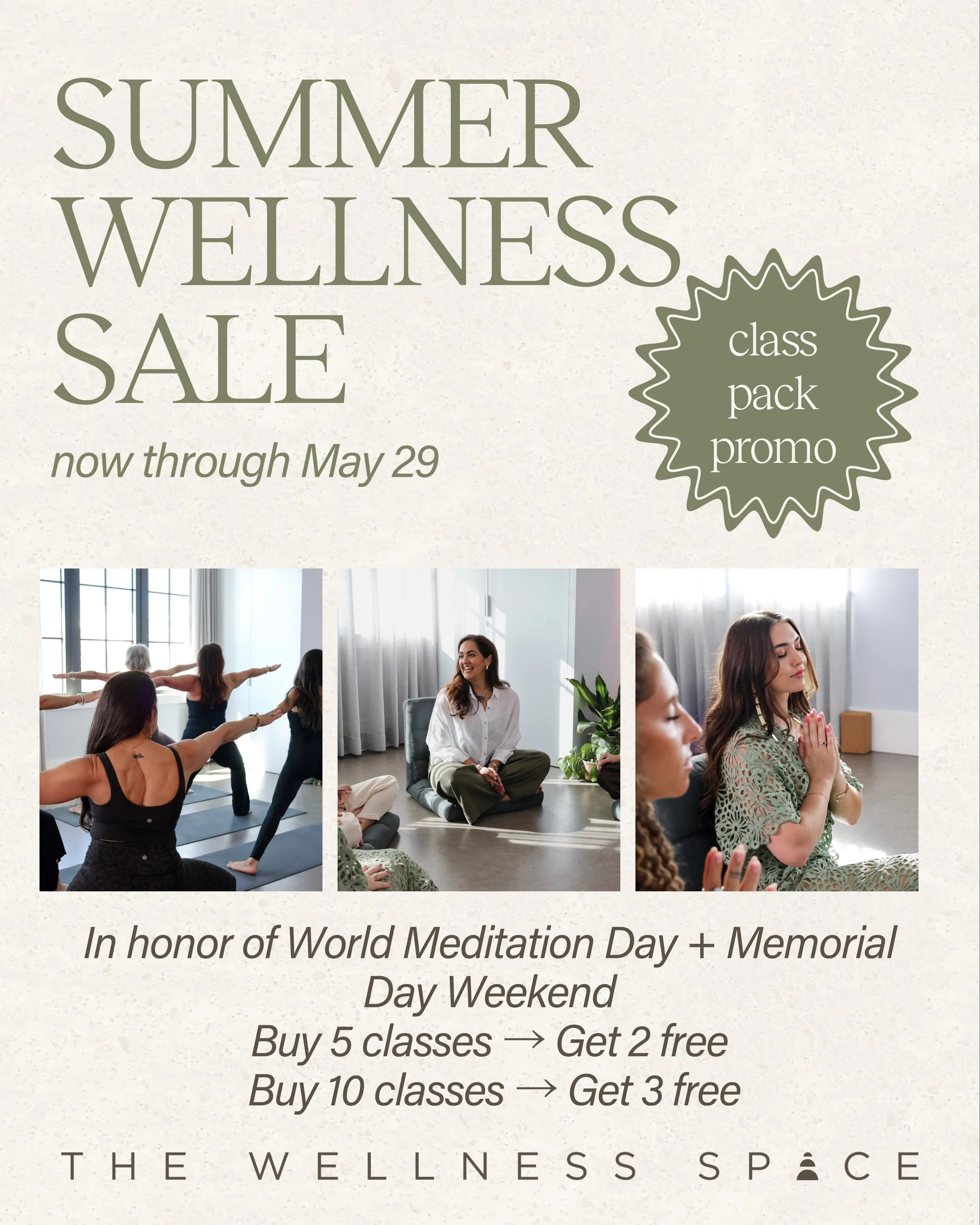 MEMORIAL DAY SALE | Through Friday Only ✨

Let this summer be the summer of self care!

Buy a 5-Class Pack + Receive 2 Classes Free
Buy a 10-Class Pack + Receive 3 Classes Free

Whether you&rsquo;ve been craving recovery, consistency, community, or s