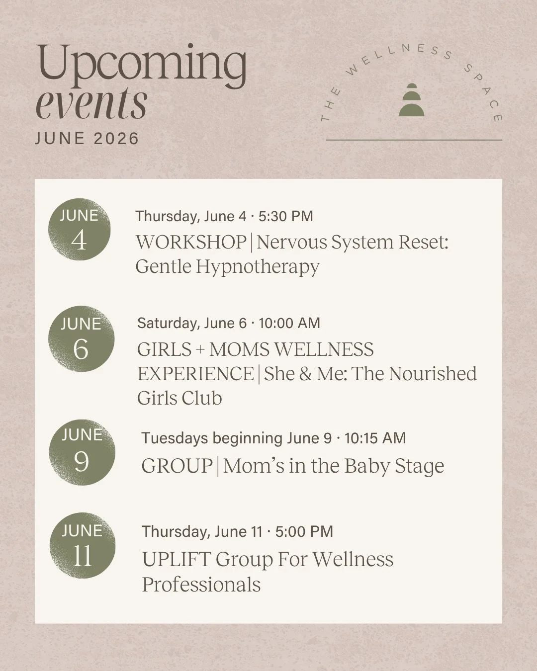 Come spend June with us 🤍🌊

This month is filled with supportive ways to reconnect:
our full schedule of meditation, yoga, sound baths, nervous system care, community gatherings, wellness workshops, and the addition of our new monthly NEST Groups.
