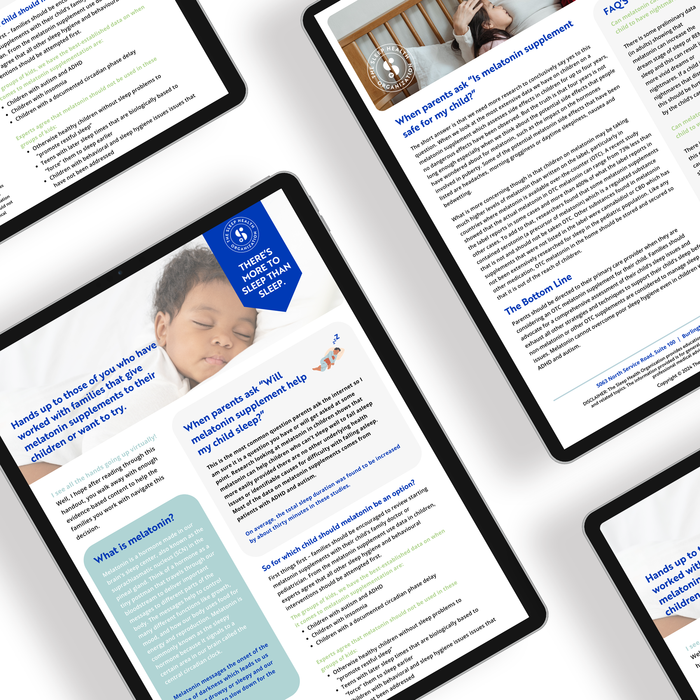Digital screens displaying informational articles about melatonin supplements for children's sleep, with text and images; topics include safety, effectiveness, and guidelines for parents.