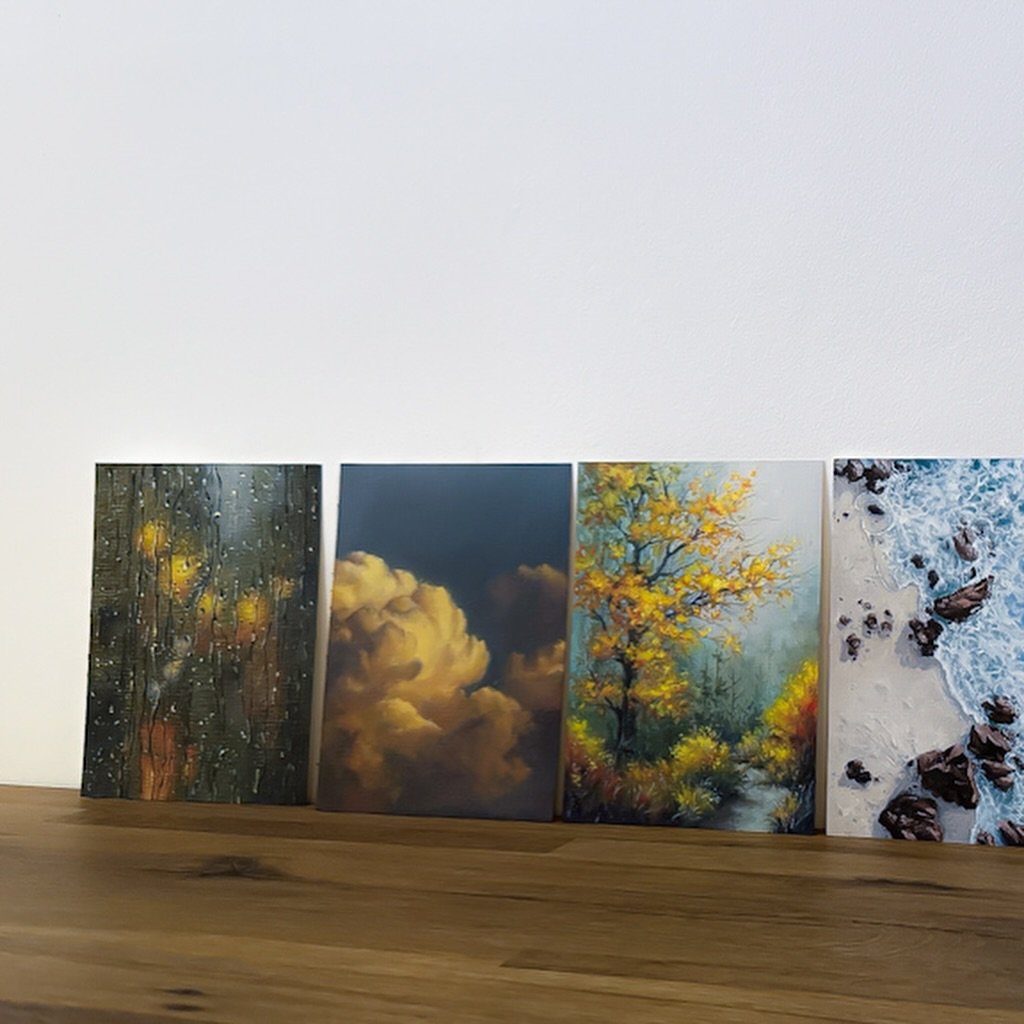 These are my favourites from the collection.
Nine paintings, each tied to a month, each shaped by whatever that season carried with it.

Some darker, some lighter &mdash; all painted in the same stretch of trying to make sense of the noise outside by