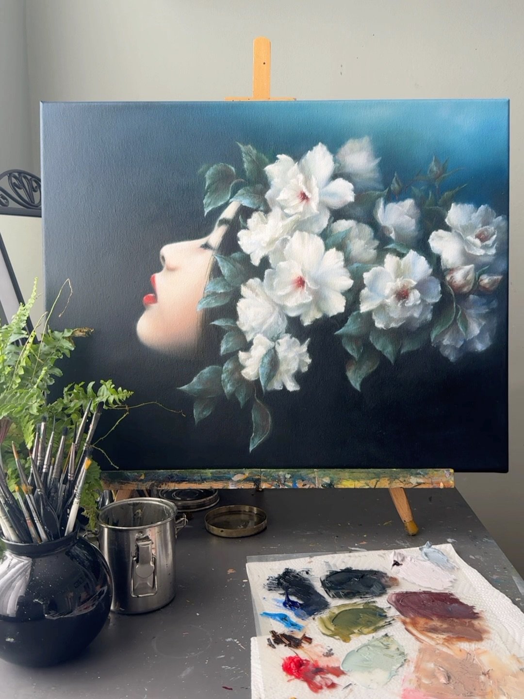 Breathe, up close.

Oil on canvas up close looks nothing like a photograph.

Each petal is built up in layers. The white you see is seven or eight passes of paint, not one.

A photograph of a painting gives you the composition. It doesn&rsquo;t give 
