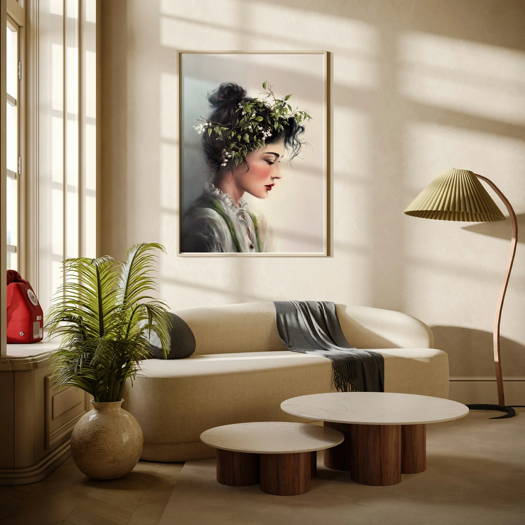 Still Here.

The warm neutrals, the plant in the corner, the light coming in at an angle &mdash; she doesn't compete with any of it. She just holds the wall.

That's the thing about a painting that carries its own quiet. It doesn't need the room to b