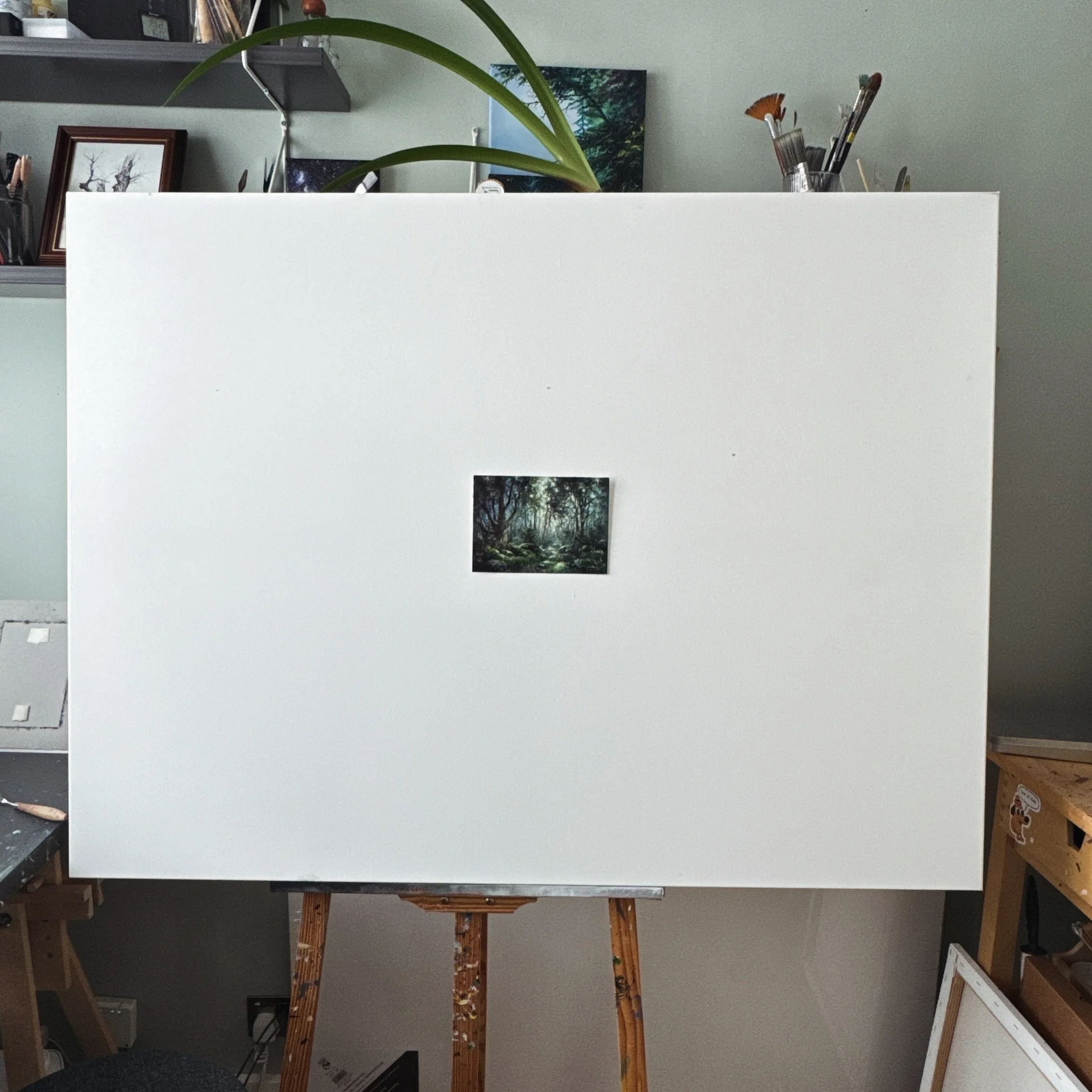 I&rsquo;ve left the canvas not even half-set-up. I&rsquo;ll be gone two weeks&hellip;

The forest painting starts now &mdash; or rather, it&rsquo;s started the way paintings start, which is that I&rsquo;ve done the bits you can&rsquo;t photograph and