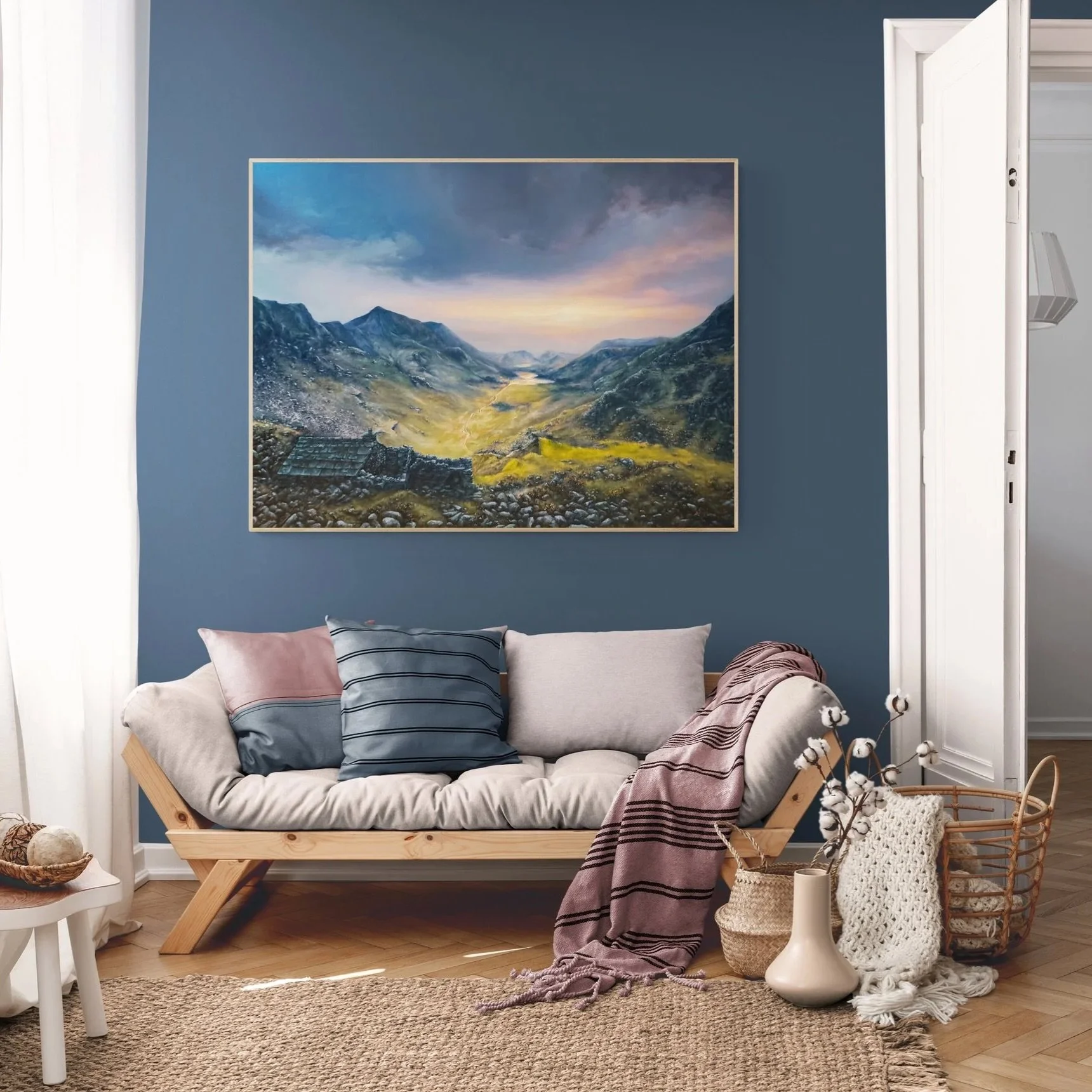 Lake District, on someone&rsquo;s wall, doing exactly what I hoped it would do &mdash; making a room feel like it has weather in it.

Painted from a September climb where the sky changed its mind four times before we got to the top. Stone ruin in the
