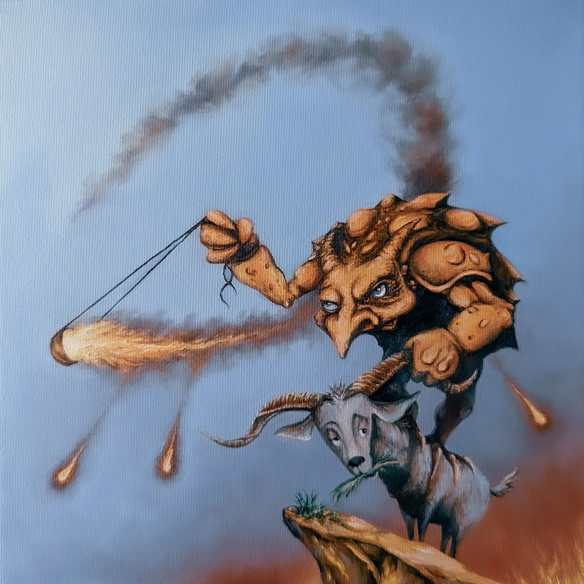 Fantasy illustration of an ugly, angry goblin riding a dog on a rocky ledge, firing a flaming arrow with a trail of fire, in a dramatic scene with a smoky sky.