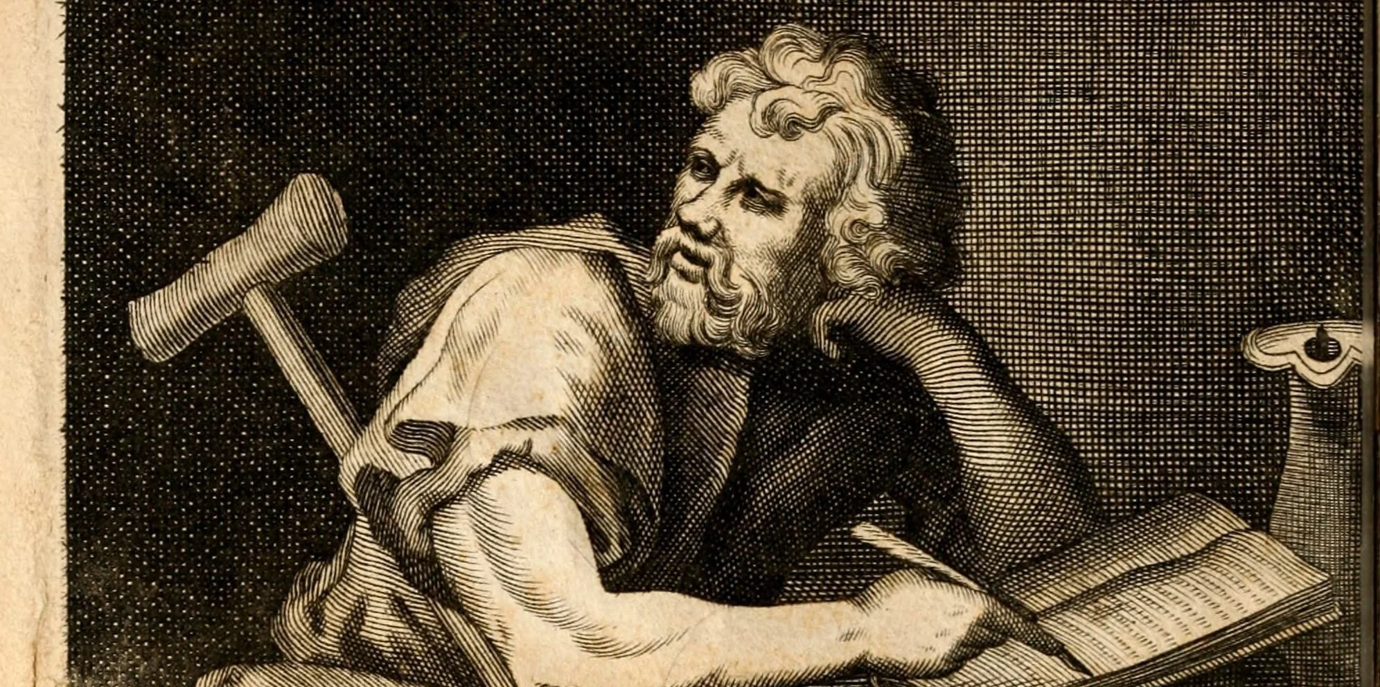 An old engraved illustration of a bearded man with long curly hair, resting his face on his hand, with a telescope and scroll nearby.