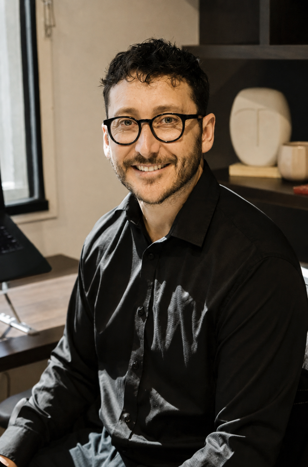 A man with curly dark hair, glasses, and a beard, smiling while sitting in an office or home workspace near a window and in front of a laptop.