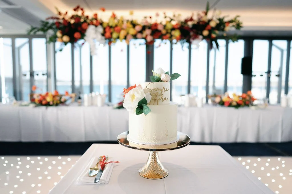 RFBYC Wedding, Two tier buttercream Wedding, Personalised topper, florals and gold leaf, minimal design