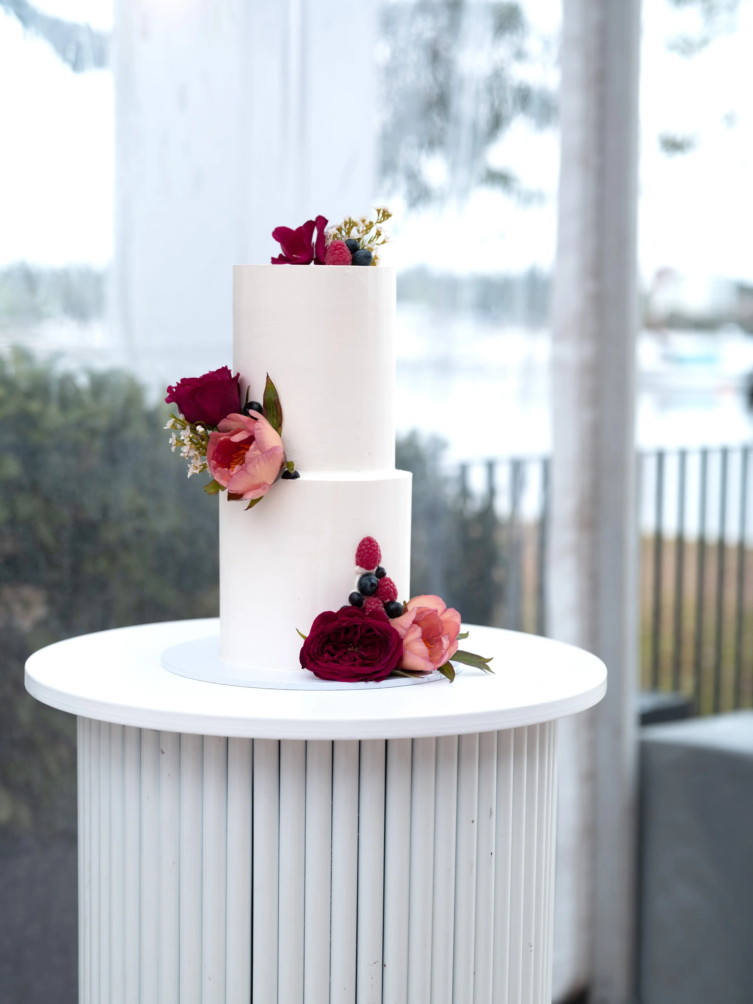 Burgundy floral cake, Two tier wedding, Luxe Wedding Cake,fruit and floral styling, Matilda Bay, Buttercream finish