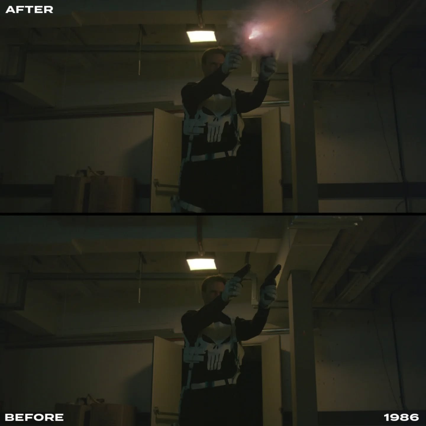 VFX Before and After. I love working on muzzle flash effects. It's what I started my VFX journey with.
1986 Directed by @jamcam80s
#vfx #vfxartist #beforeandafter #batman #punisher