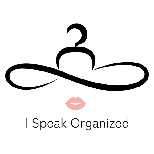 A minimalist logo featuring a stylized face with curly hair, glasses, and lips, with the phrase 'I Speak Organized' underneath.