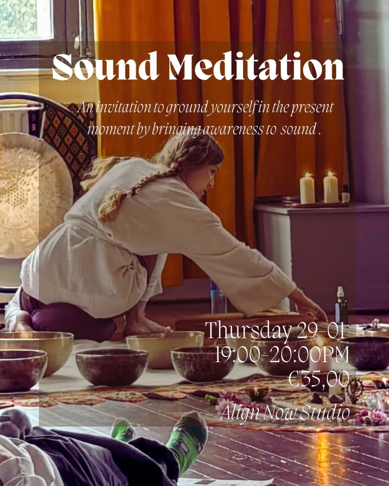 ❄️Nog 5 plekken ❄️ 

Hoi lieve mensen,

Op donderdag 29 januari begeleid ik om 19.00-20.00 een klank meditatie voor een kleine groep op de locatie van @align_now_amsterdam 

Door onze aandacht naar klank te brengen, worden we ondersteund om gronding 