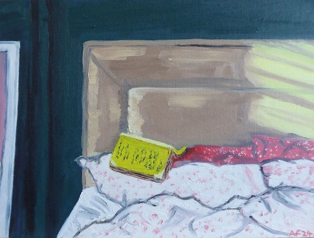 A Single Woman's Lair, oil on board, 31x16&quot;, 2024

I've never painted an interior before, but this scene grabbed me in January. Most likely because it represents my life as it is right now and that book (The Duchess of Argyll's memoir) just look