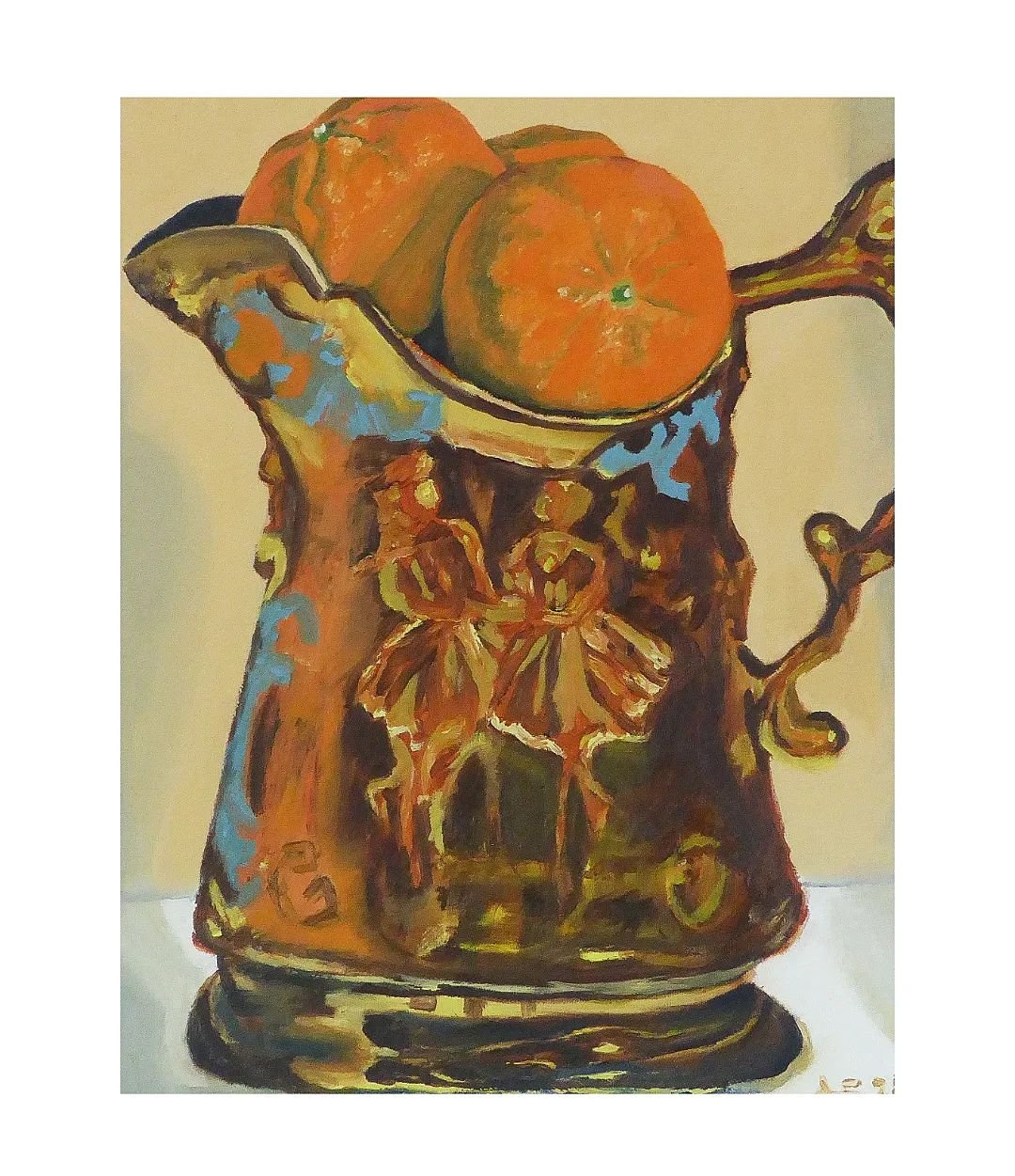 Clementines in a gold vase, oil on canvas, 2024

🍊🍊🍊⚱️

A real labour of love. I spent hours and hours on this. I fell in love with this jug (which I'm calling a vase because I use it as one!) when I found it in a charity shop. That moment when an