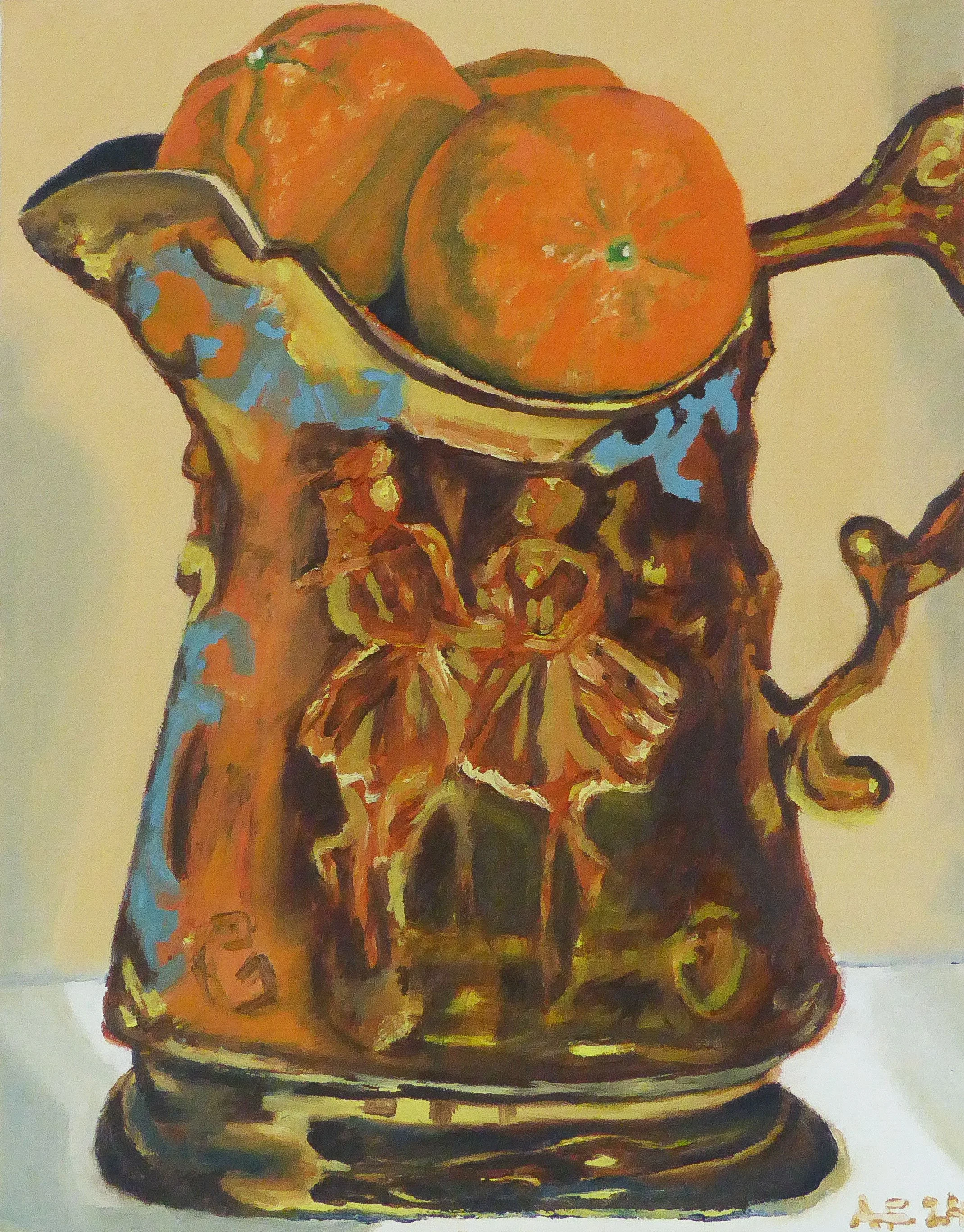 Clementines in a gold vase - exhibited at Chelsea Art Society in 2024