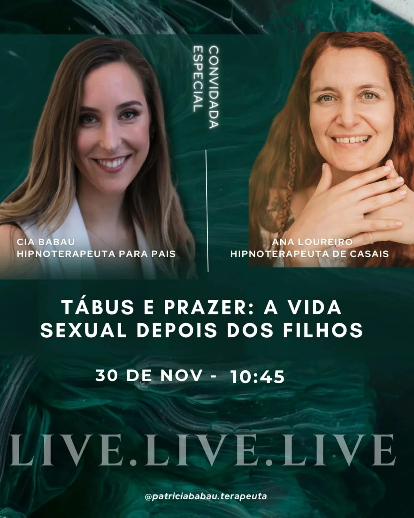 Junta-te a n&oacute;s nesta live que vai fazer subir a temperatura ❤️&zwj;🔥

Duas Hipnoterapeutas &agrave; conversa: &quot;T&aacute;bus e prazer: A Vida Sexual depois dos filhos&quot;💋

Dia 30 de Novembro pelas 10h45. Marca j&aacute; na agenda.

Co