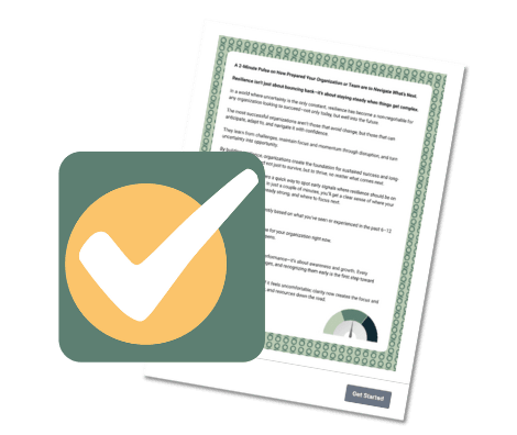 Checkmark laid on top of a mockup of the Resilience Pulse organizational resiliency quiz
