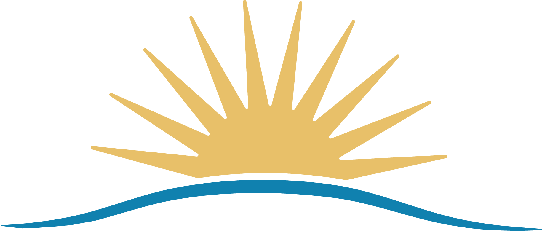 A stylized graphic depicting a gold sun setting over a blue wave.