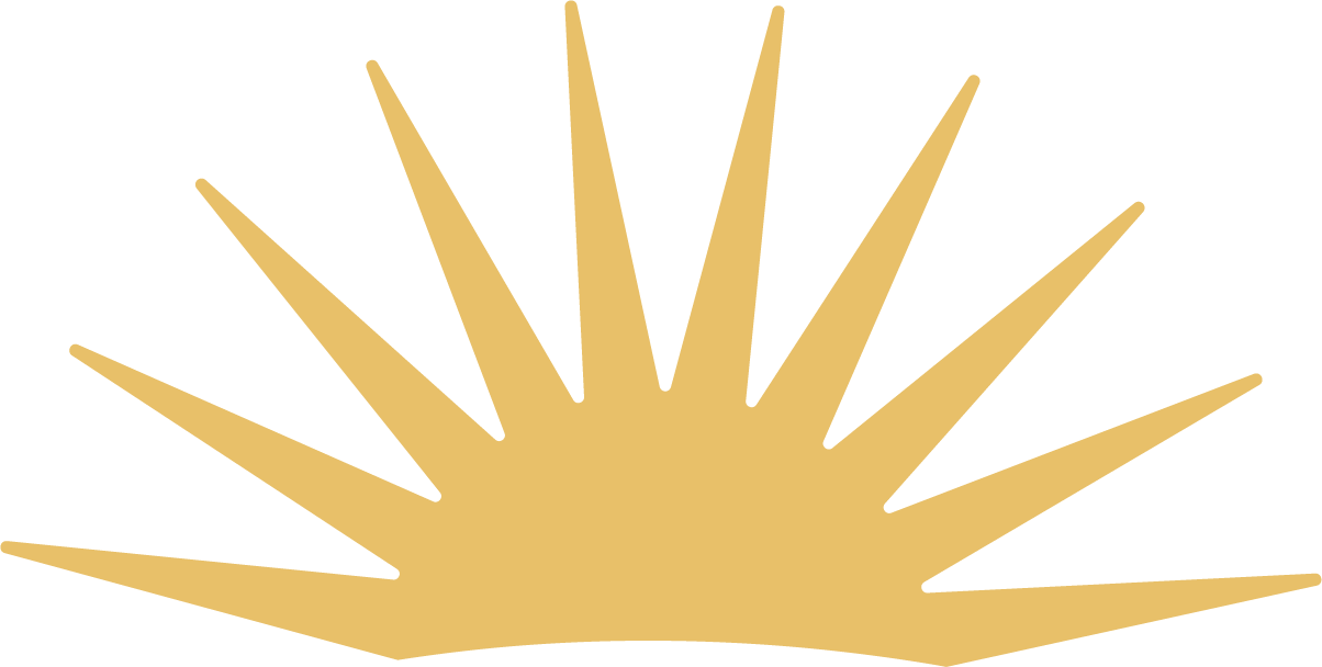 Golden sunburst design with multiple rays extending outward from a central semi-circle.