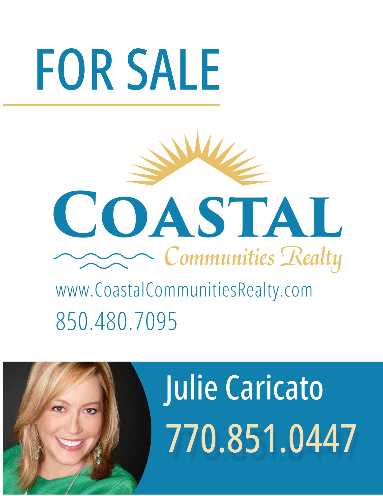 Business card for Coastal Communities Realty featuring photo of Julie Caricato, contact information, and company logo with sunburst and wave design.