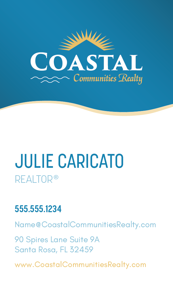 Business card for Julie Caricato, a realtor at Coastal Communities Realty, with contact information and company logo featuring a sun and waves.