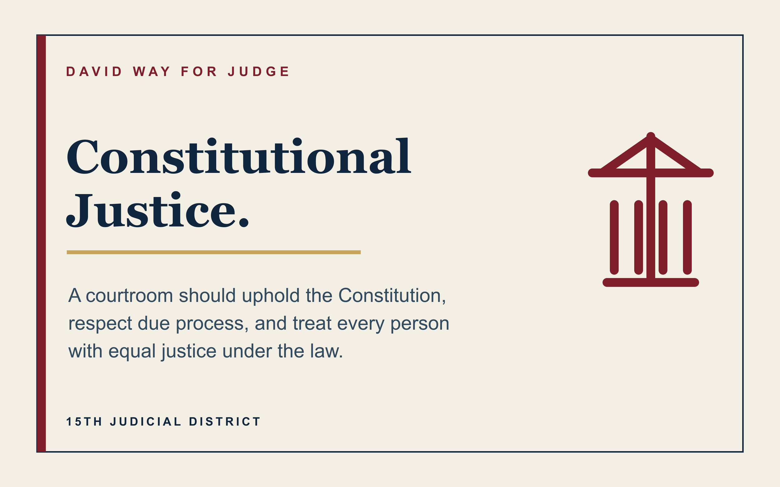 Cover of a book titled "Constitutional Justice" by David W. for Judge, with a graphic of a courthouse column on the right side.