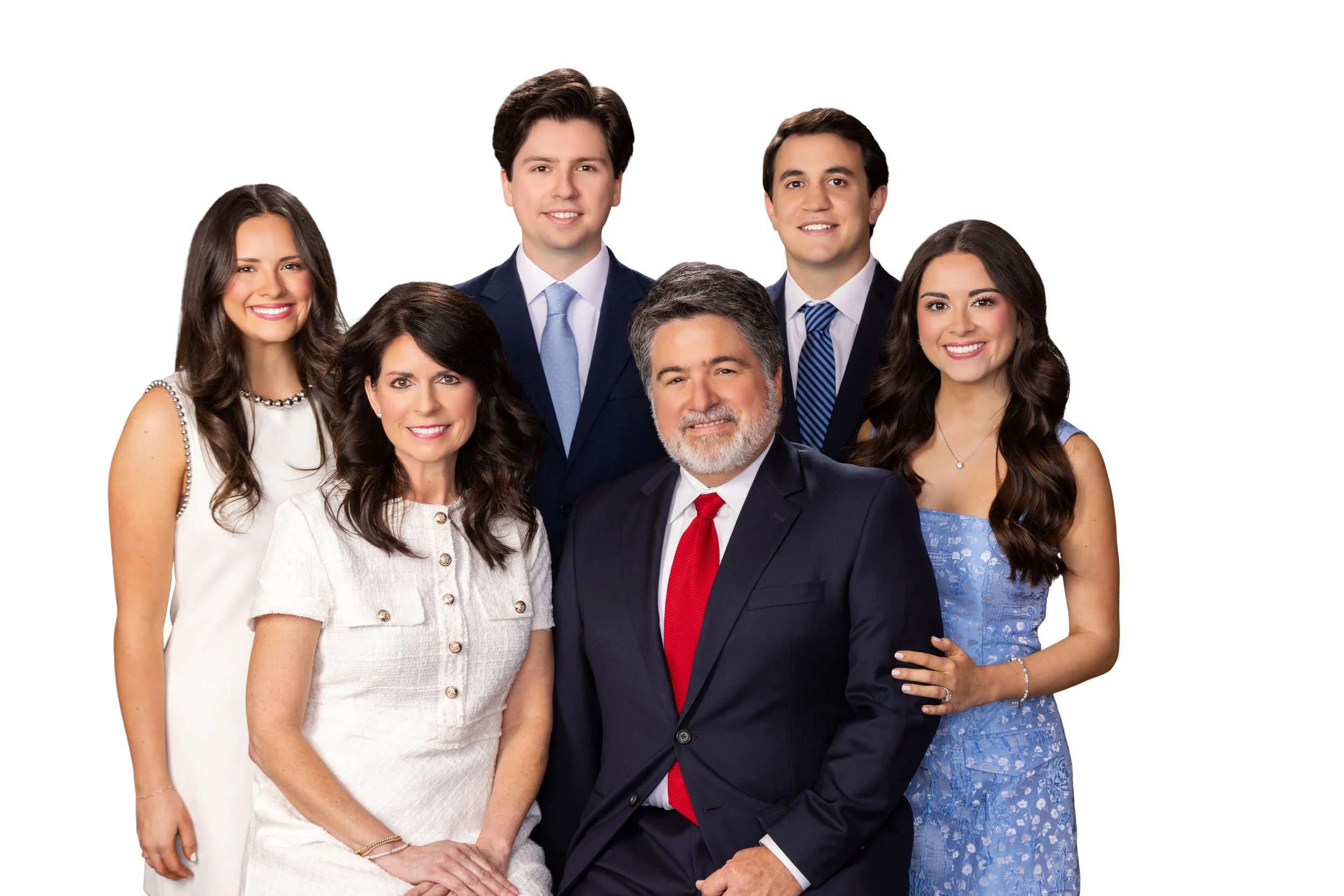David Way and family professionally dressed people posing for a photo against a plain white background, with four women and two men smiling.