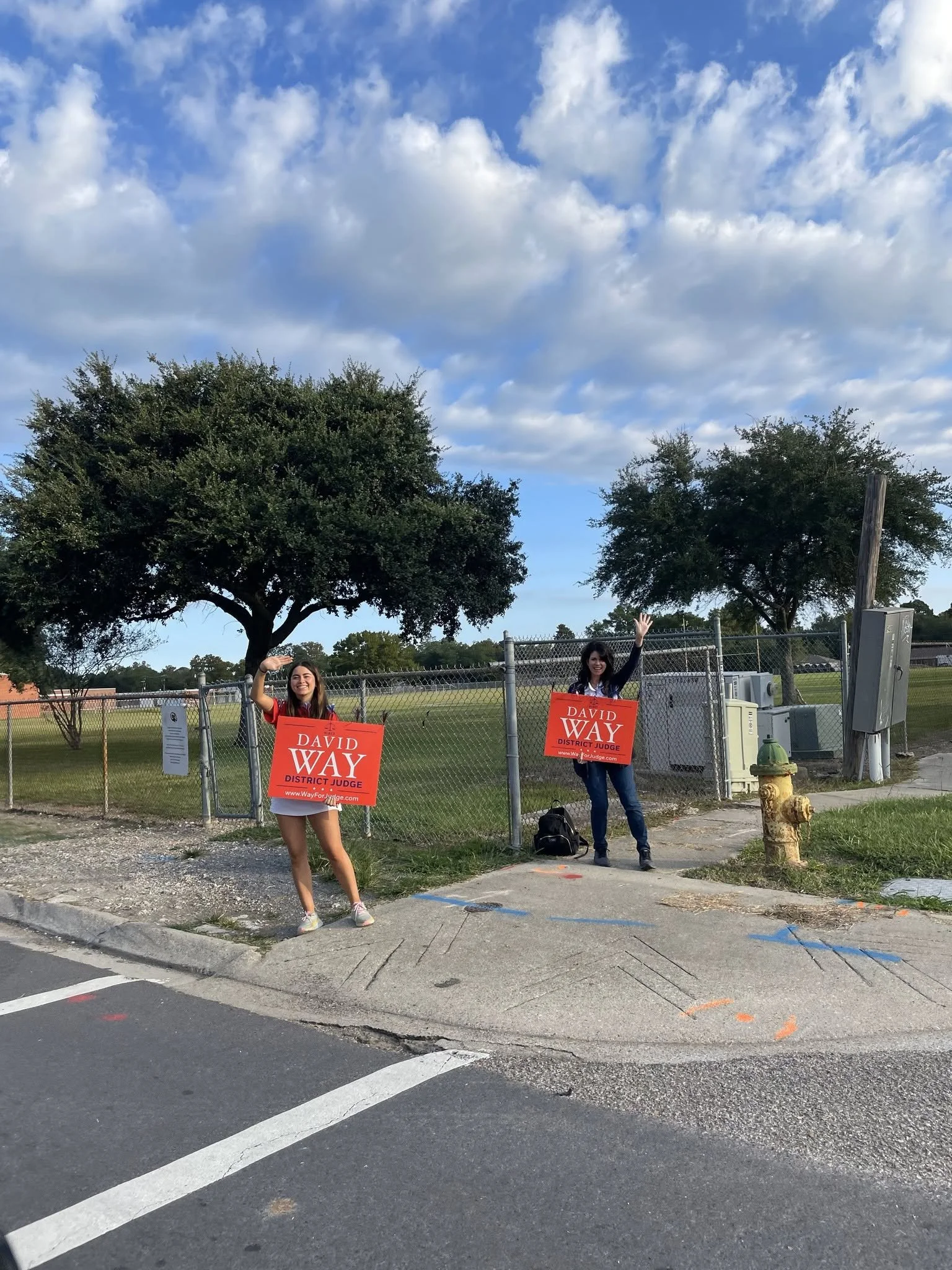 Two women standing behind a fence holding campaign signs that say "DAVID WAY DISTRICT JUDGE." One woman is waving and smiling, the other is smiling with her hand raised, in a park with trees and a blue sky with clouds.