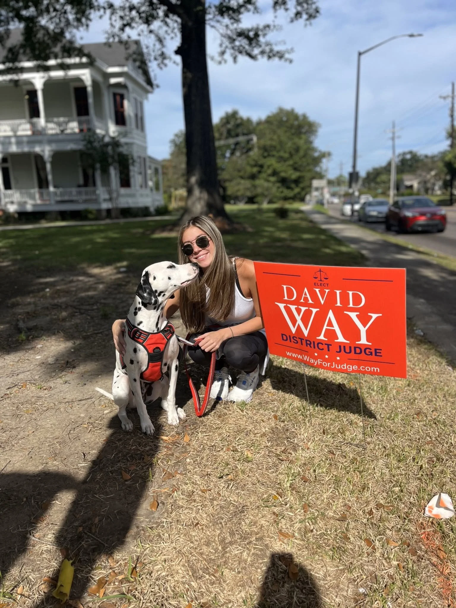 A young woman with long hair wearing sunglasses smiling next to a Dalmatian dog. The woman is holding a red political sign that reads 'Elect David Way District Judge.' They are in a park with a large tree, grass, and a sidewalk. In the background, th