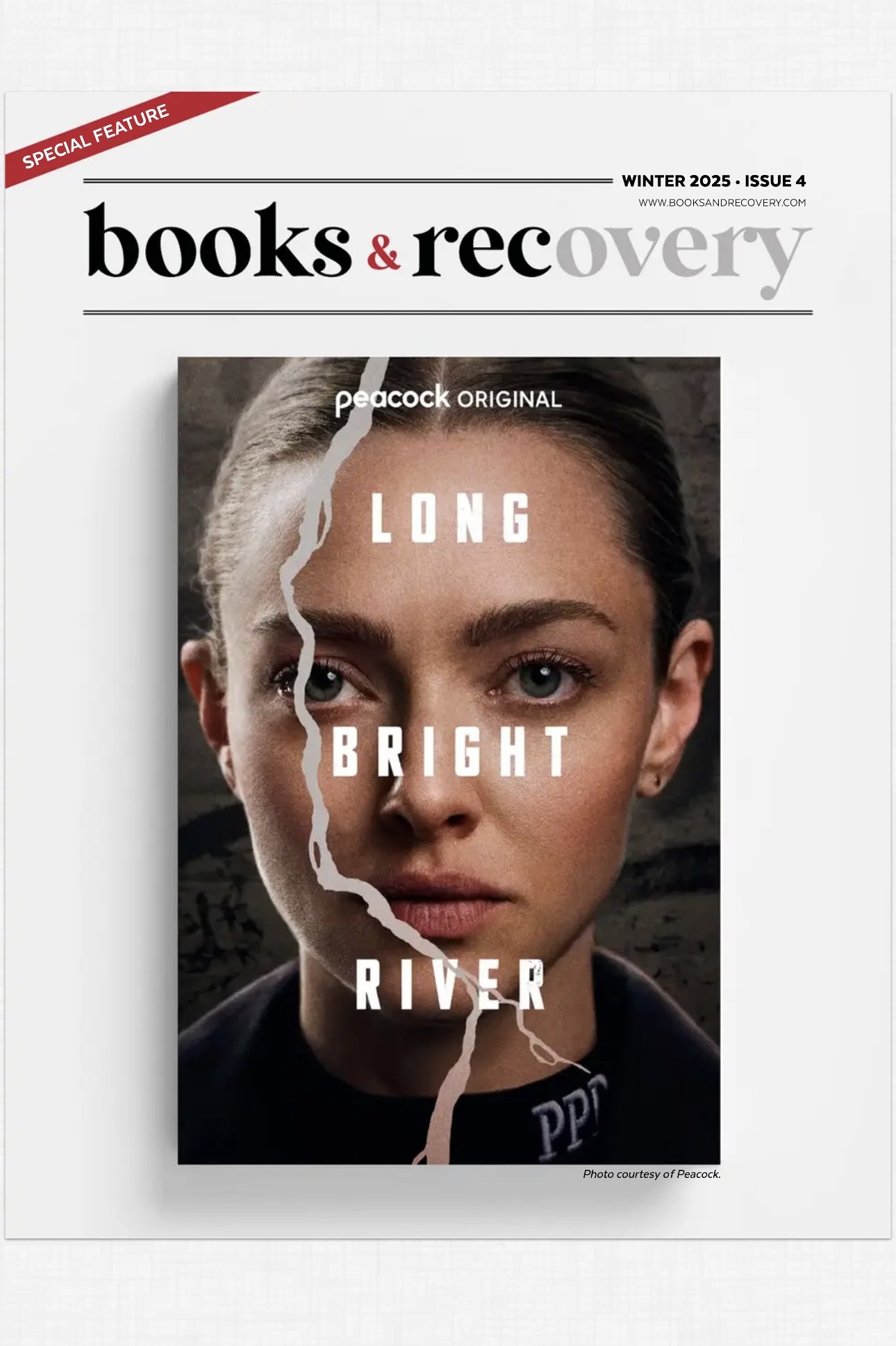 Magazine cover titled "books & recovery," featuring a split image of a woman with the words "Long" "Bright" and "River" overlayed on her face, with a torn paper effect dividing the two halves.