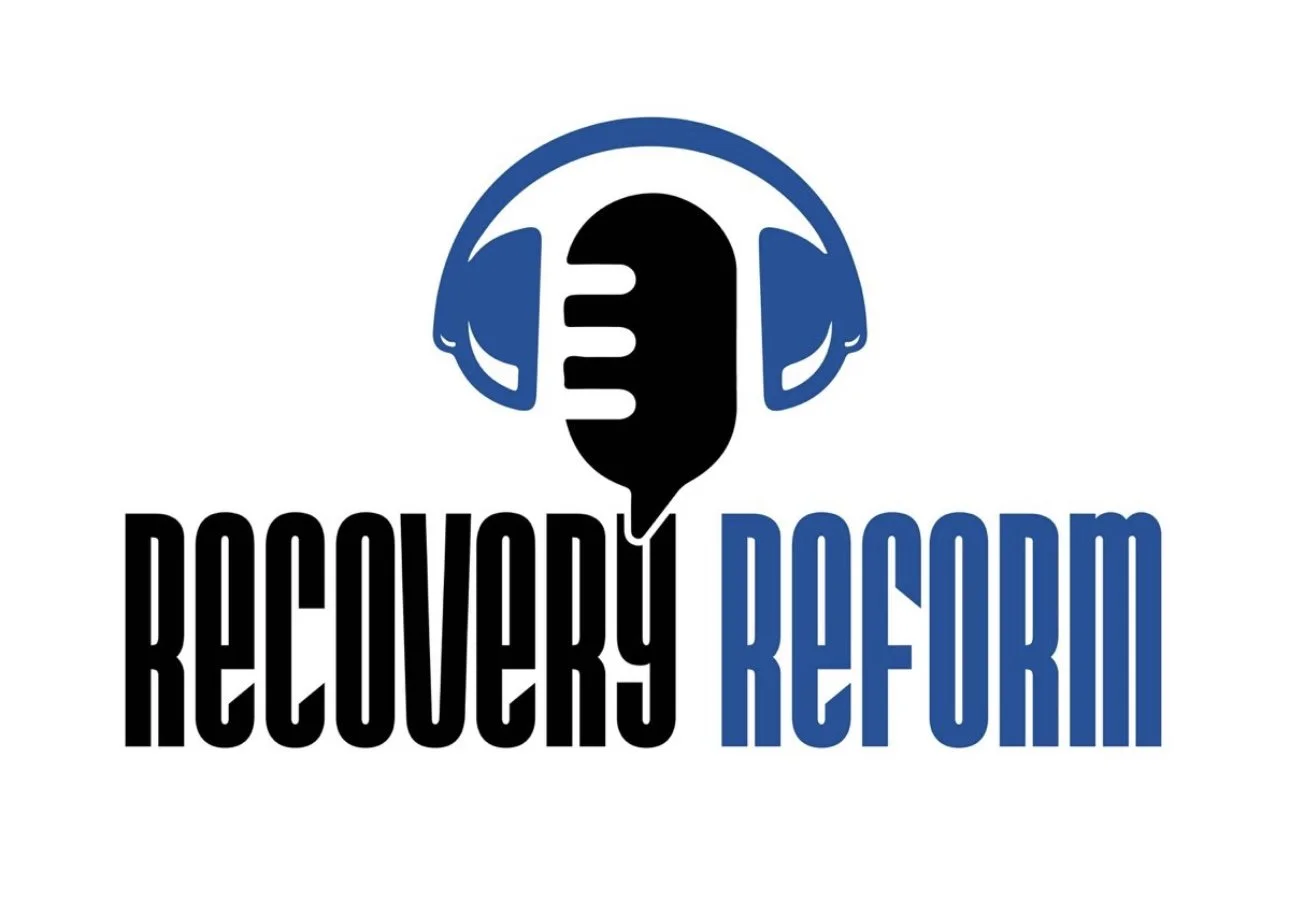 Logo featuring a stylized speech bubble with a microphone shape, wearing blue headphones, and the text "Recovery Reform" in bold black and blue letters.