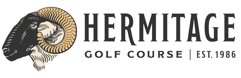 Hermitage Golf Course logo featuring a ram's head with curved horns and the text "HERMALDGE GOLF COURSE EST. 1986."