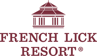 Logo for French Lick Resort featuring a stylized illustration of a building with columns above the resort's name.