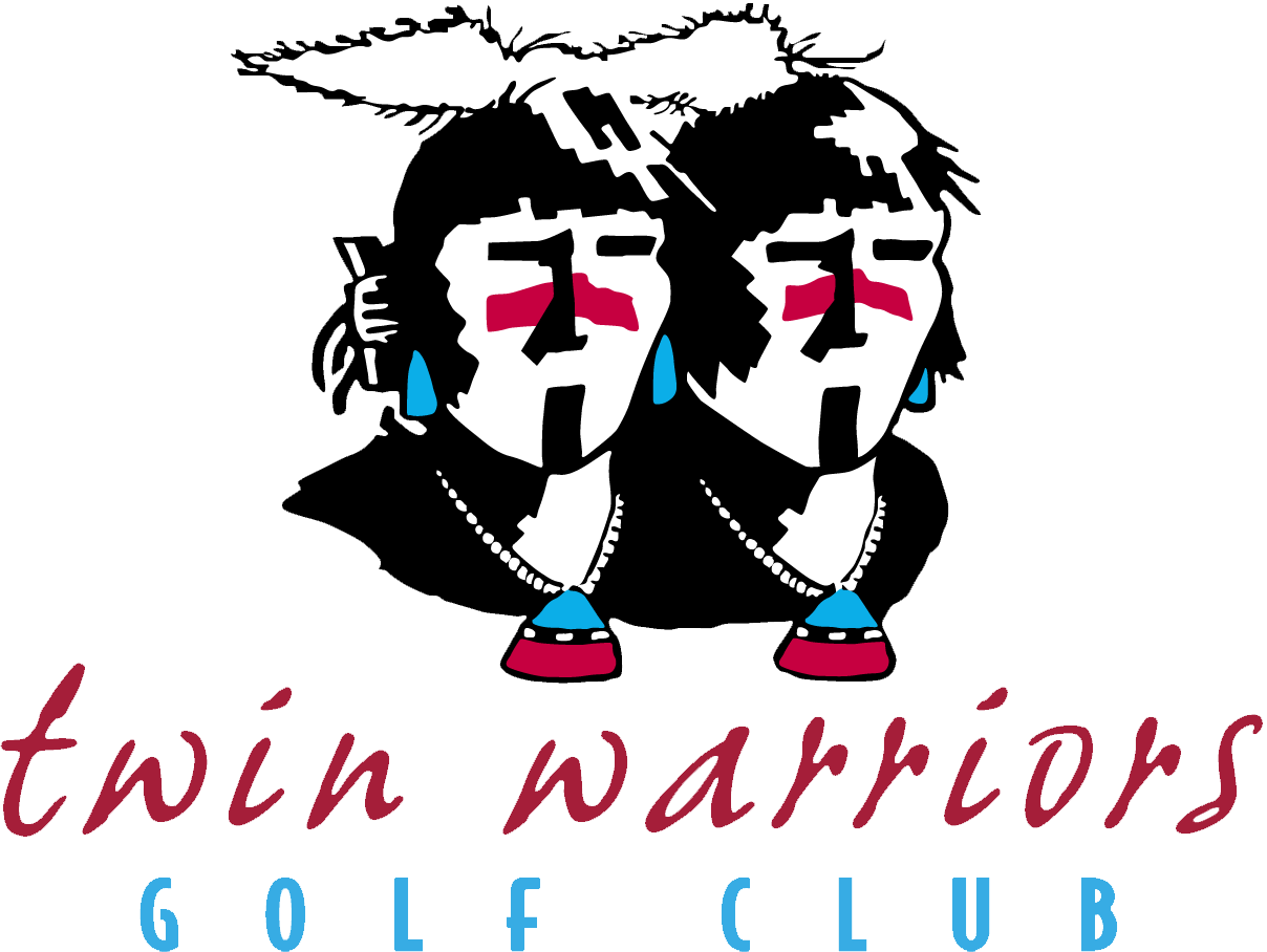 Logo for Twin Warriors Golf Club featuring two stylized Native American warrior faces with feathers, earrings, necklaces, and red face paint, with the text 'twin warriors' in script and 'GOLF CLUB' in uppercase below.