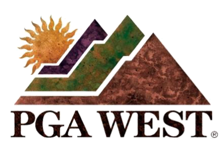 Logo for PGA West featuring a sun, mountains, and the text "PGA West."