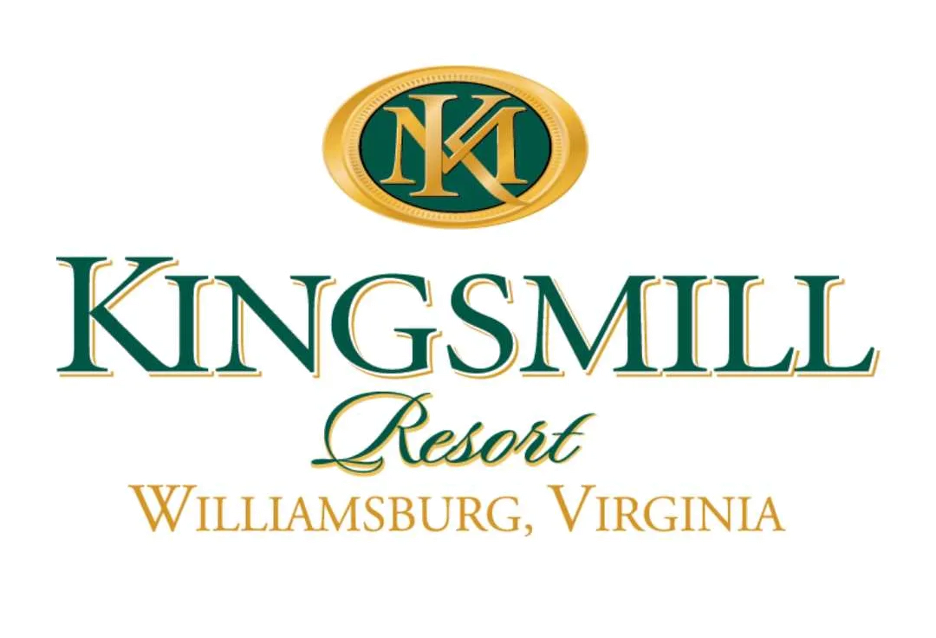 Logo for Kingsmill Resort in Williamsburg, Virginia, featuring a gold and green oval emblem with the initials K and M.