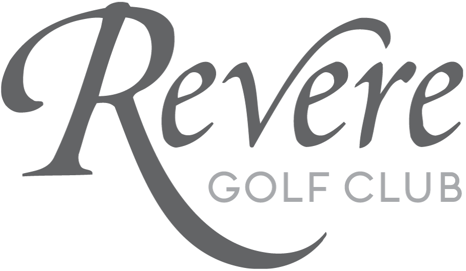 Revere Golf Club logo in gray with stylized text and a golf club design element.