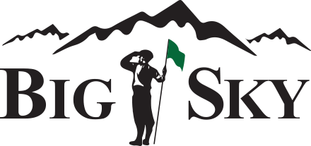 Logo for Big Sky featuring a mountain range and a person holding a green flag.
