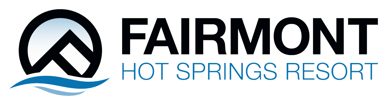 Logo for Farmont at Springs Resort featuring a black and white mountain icon, a blue wave, and black and blue text.