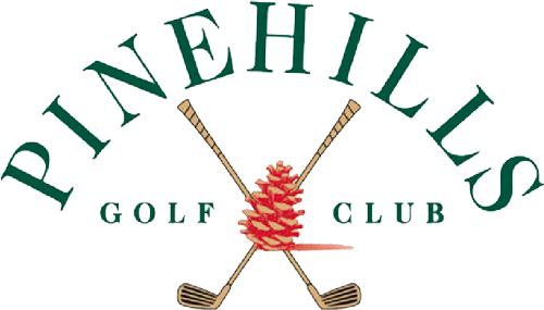Pine Hills Golf Club logo with crossed golf clubs and a pine cone in the center.