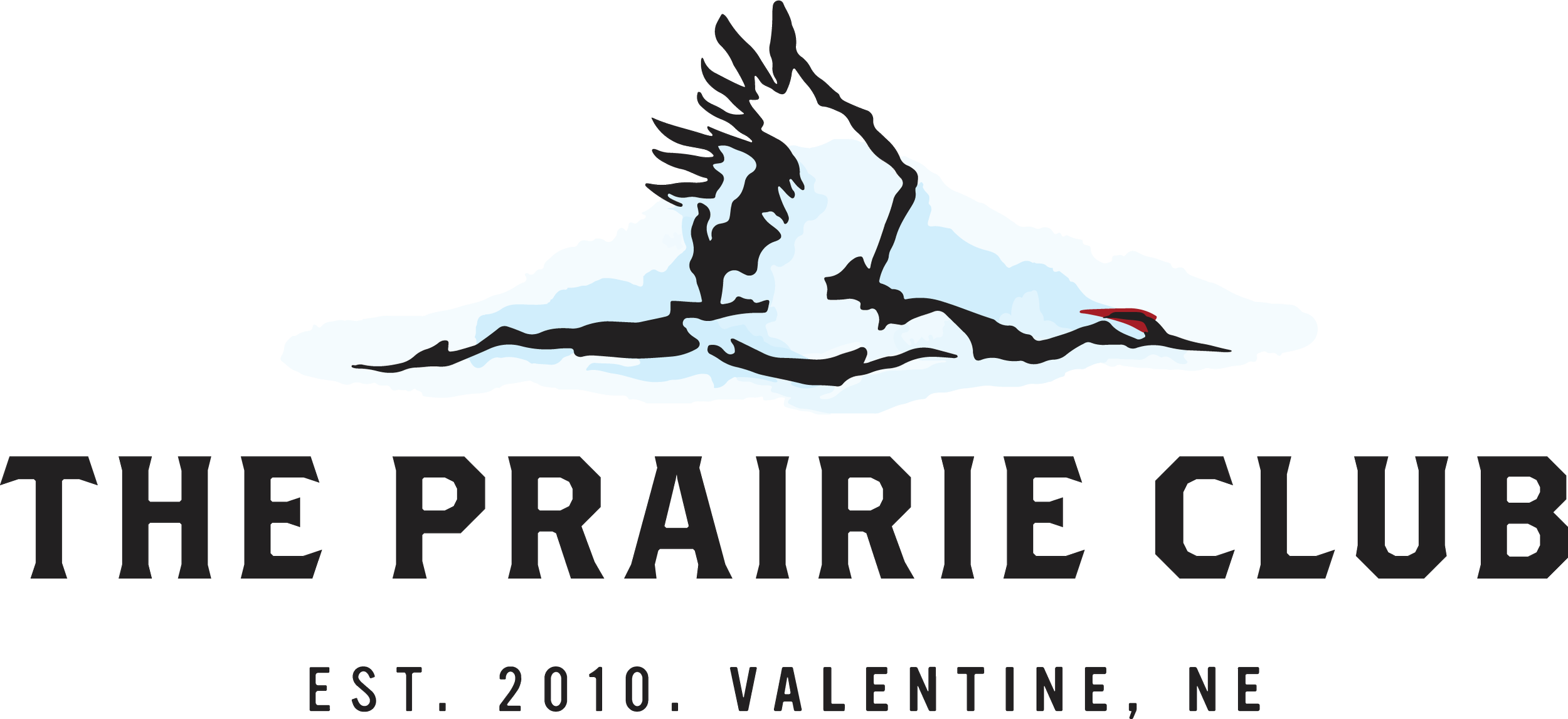 Logo for The Prairie Club featuring a stylized prairie dog laying on its side with a bird on its paw, with the text "The Prairie Club" below, and additional text indicating the event's foundation in 2010, in Valentine, NE.