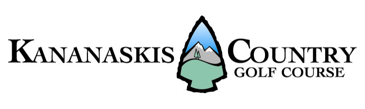 Logo of Kananaskis Country Golf Course featuring a mountain, a tree, and water in a stylized design.
