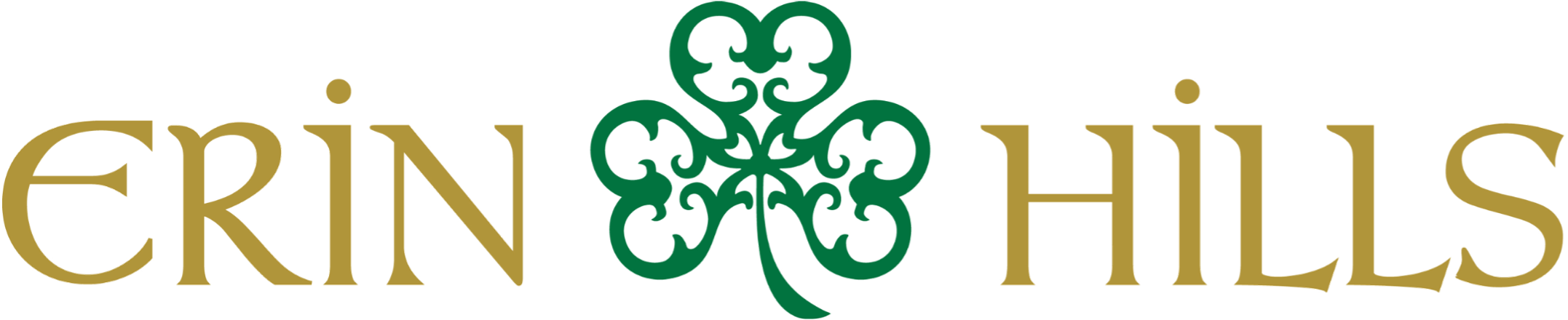The logo for Erin Hills features the name in gold letters with a green stylized trefoil in the middle.