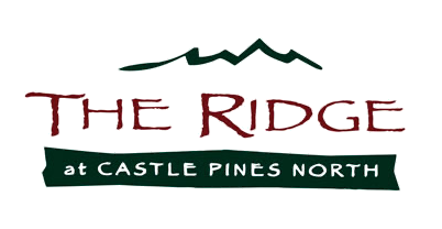 Logo for The Ridge at Castle Pines North featuring a mountain silhouette and colorful text.