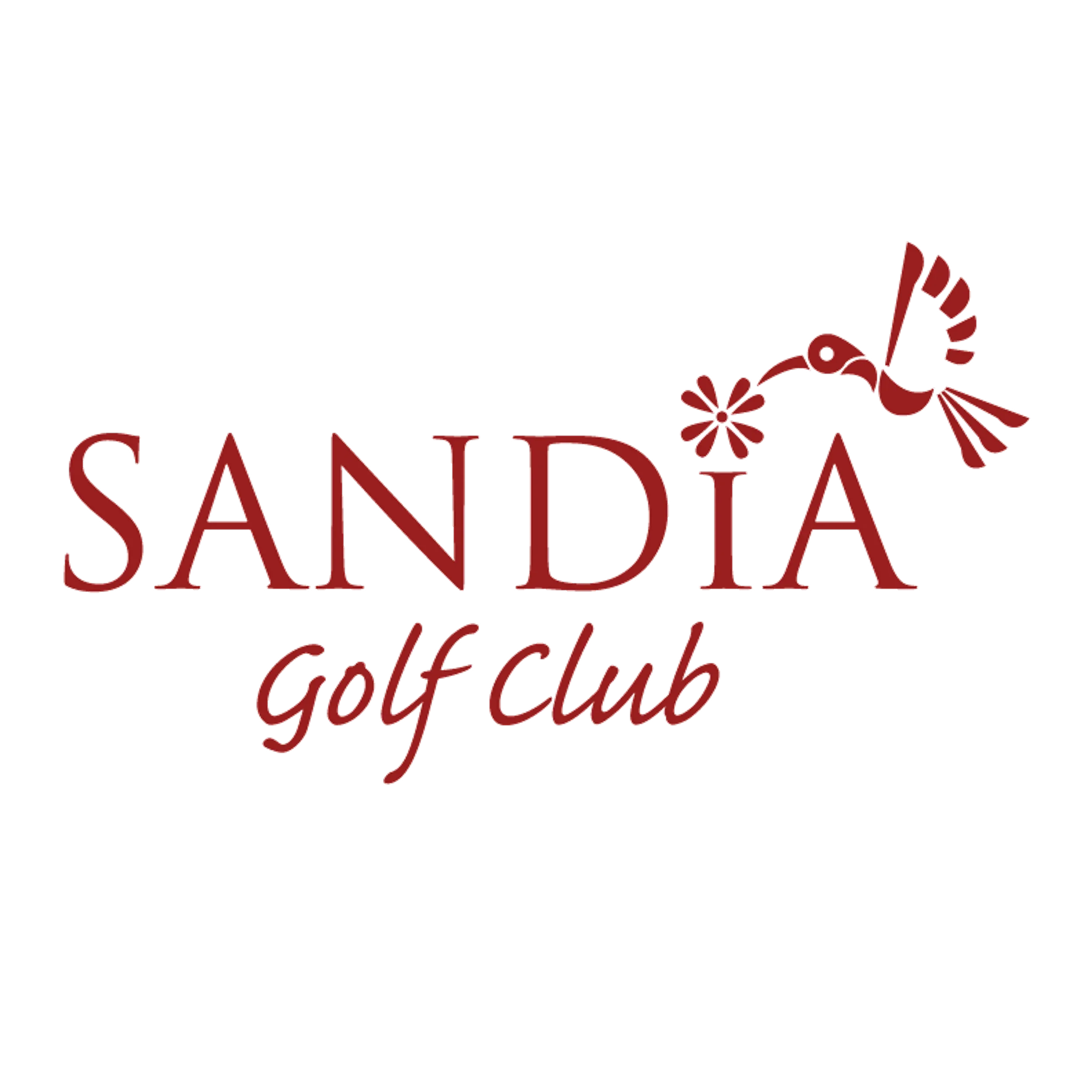 Logo for SANDIA Golf Club featuring a hummingbird and a flower.