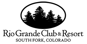 Logo for Rio Grande Club & Resort in South Fork, Colorado, featuring outline of three trees within a circular border.
