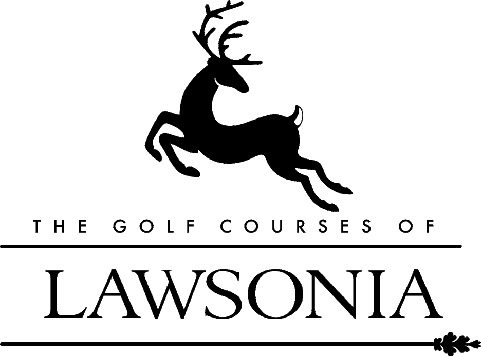 Logo with a silhouette of a leaping deer above the text 'The Golf Courses of Lawsona' and a small golf tee with a leaf at the bottom right corner.