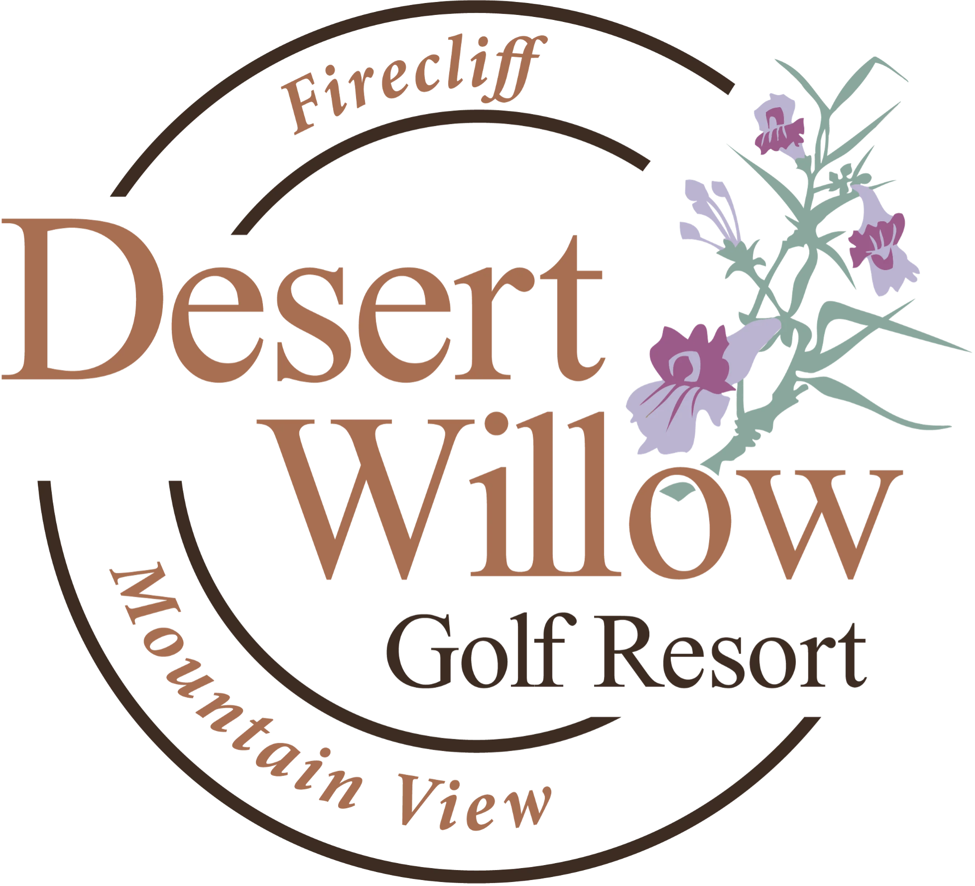 Logo for Desert Willow Golf Resort with a purple flower on the right side.